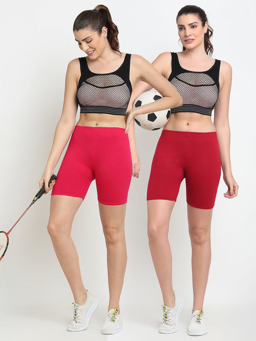 Women Pink Maroon Four way super commed lycra Cycling Shorts