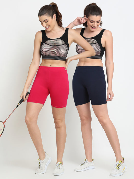 Women Pink Navy Four way super commed lycra Cycling Shorts