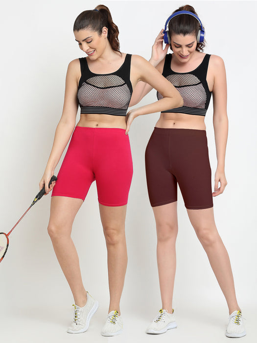 Women Pink Brown Four way super commed lycra Cycling Shorts