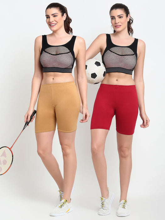 Women Skin Maroon Four way super commed lycra Cycling Shorts