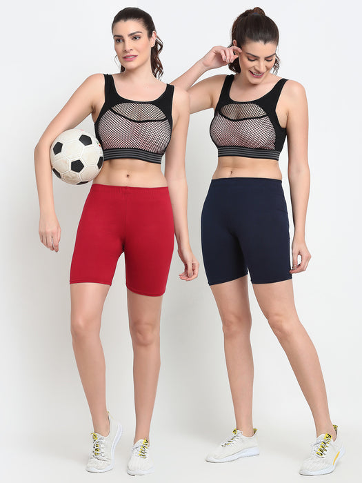 Women Maroon Navy Four way super commed lycra Cycling Shorts