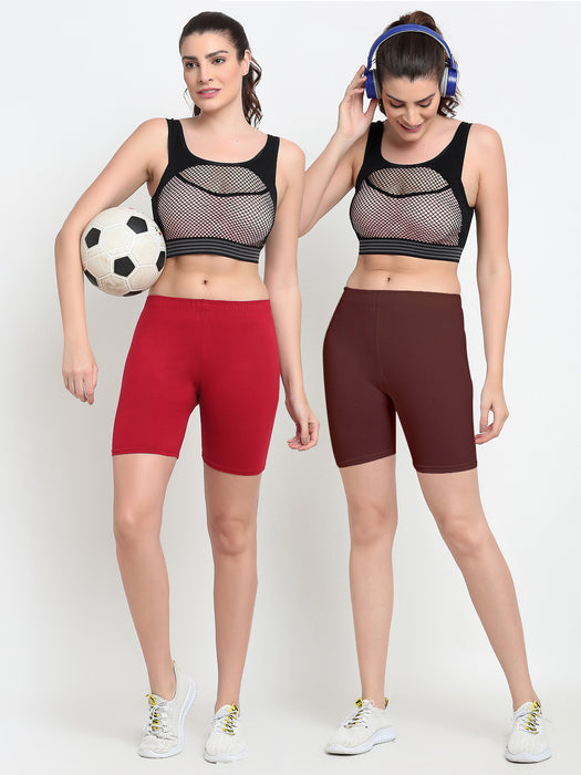 Women Maroon Brown Four way super commed lycra Cycling Shorts
