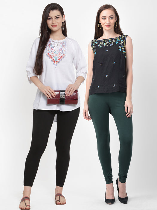 Women Black Botle Green Super Combed Cotton Lycra Legging