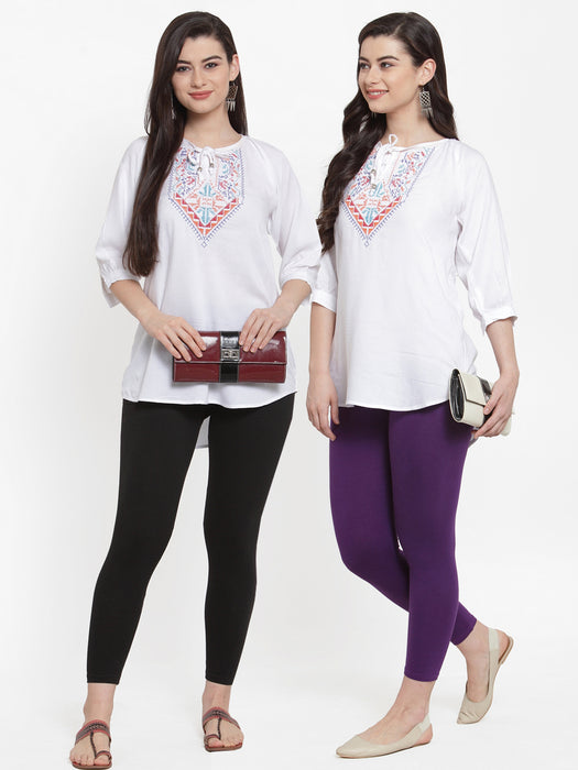 Women Black Purple Super Combed Cotton Lycra Legging