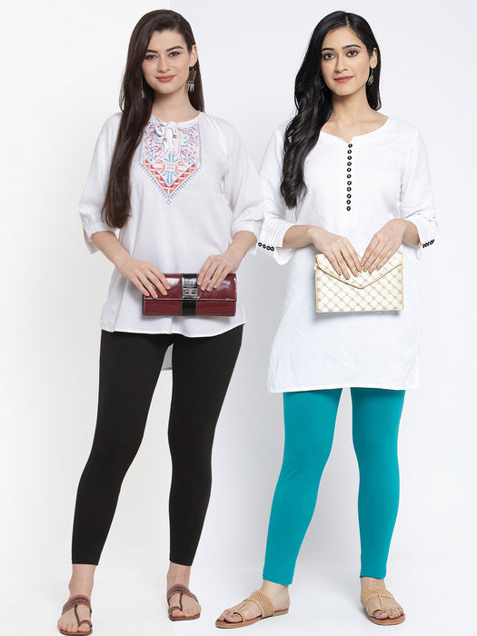 Women Black Light Blue Super Combed Cotton Lycra Legging