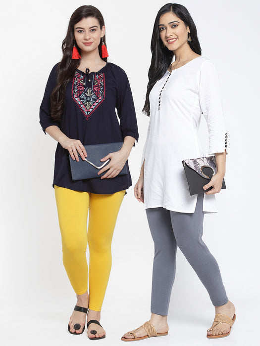 Women Grey Yellow Super Combed Cotton Lycra Legging