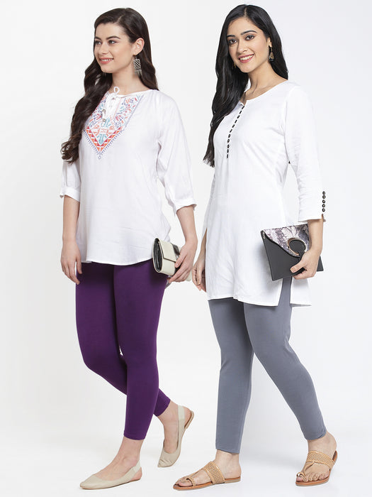 Women Grey Purple Super Combed Cotton Lycra Legging