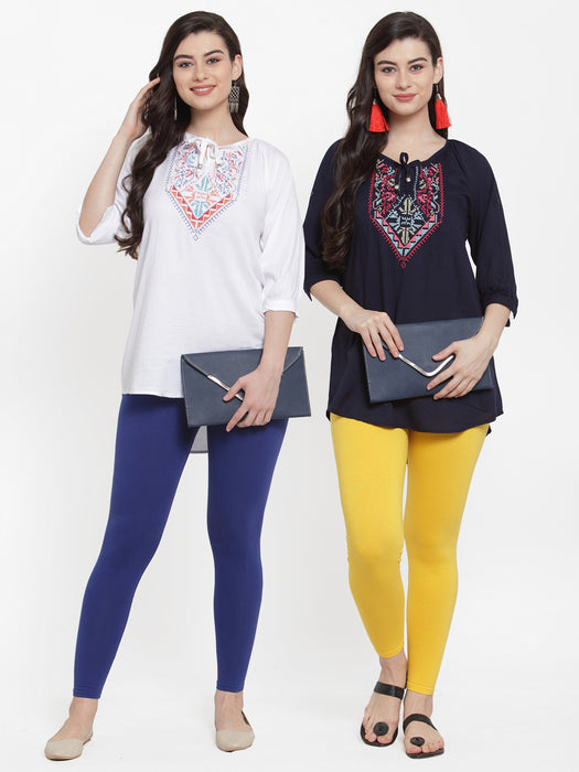 Women Blue yellow Super Combed Cotton Lycra Legging