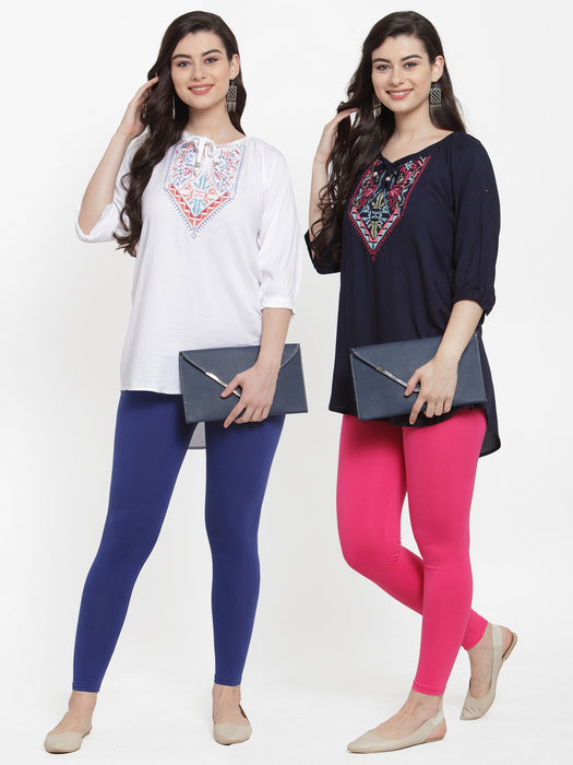 Women Blue Pink Super Combed Cotton Lycra Legging