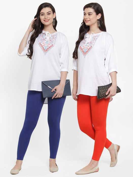 Women Blue Orange Super Combed Cotton Lycra Legging