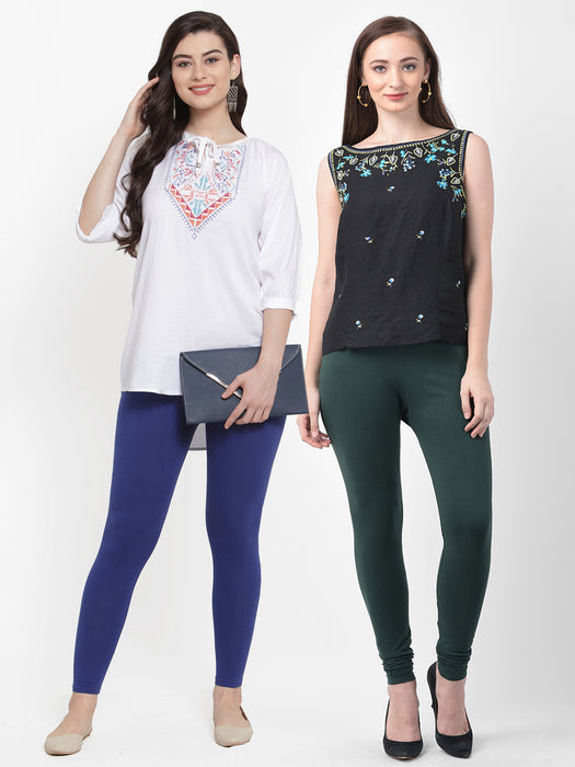 Women Blue Bottle Green Super Combed Cotton Lycra Legging