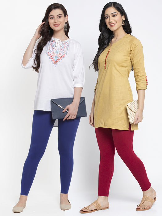 Women Blue Maroon Super Combed Cotton Lycra Legging