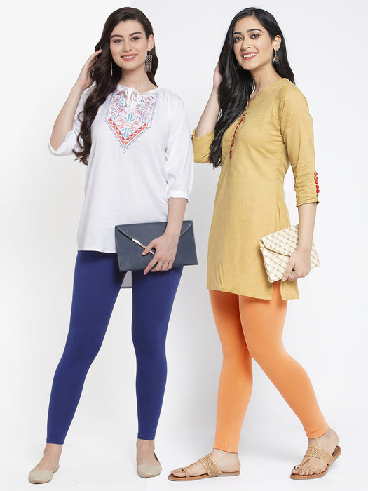 Women Blue Gajri Super Combed Cotton Lycra Legging