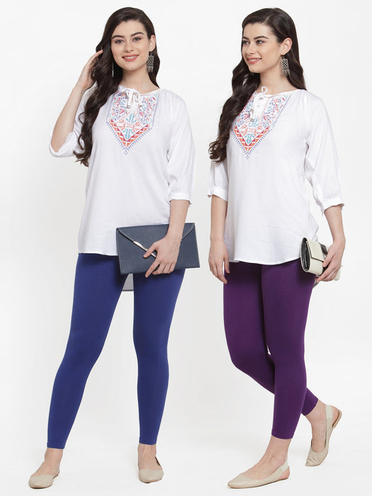 Women Blue Purple Super Combed Cotton Lycra Legging