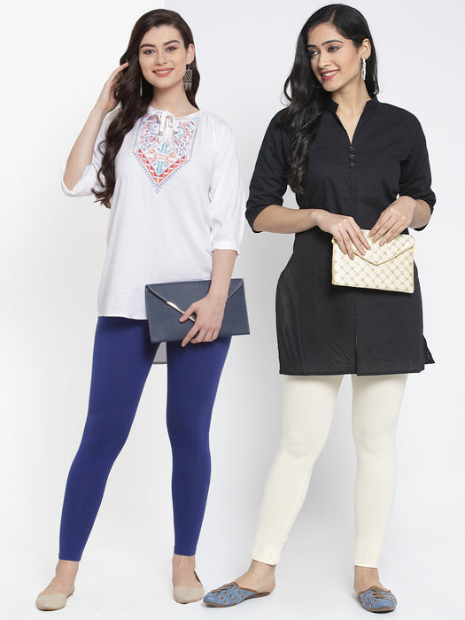 Women Blue Off White Super Combed Cotton Lycra Legging