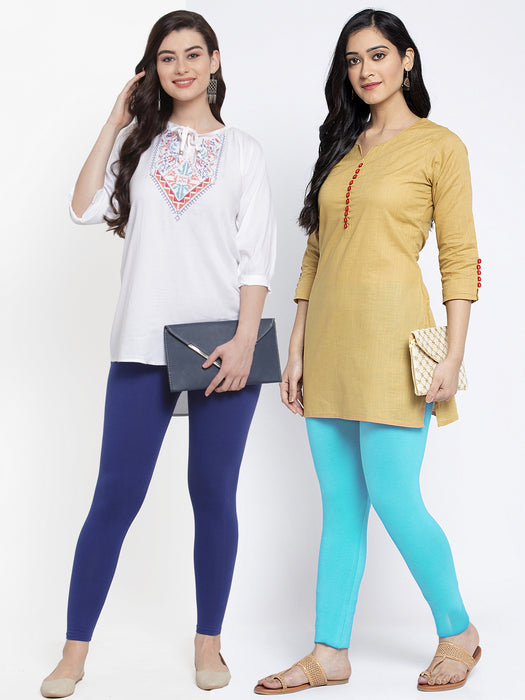 Women Blue Aqua Super Combed Cotton Lycra Legging