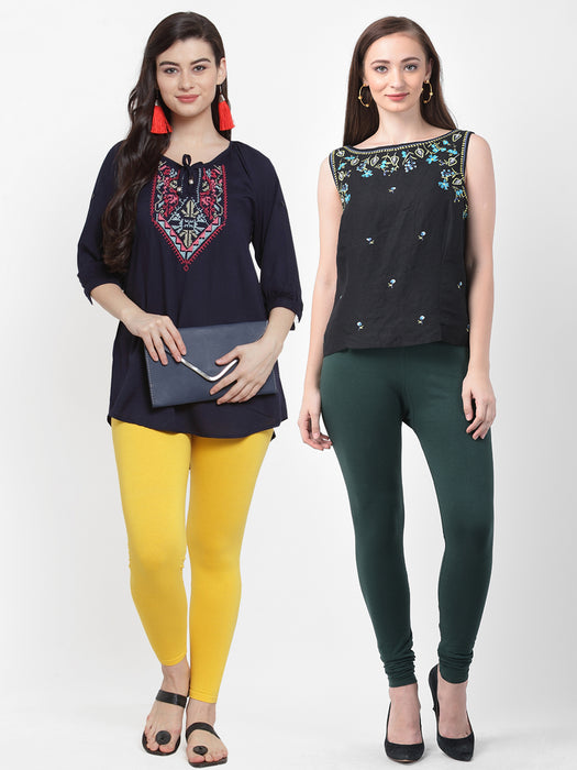 Women Yellow Bottle Green Super Combed Cotton Lycra Legging