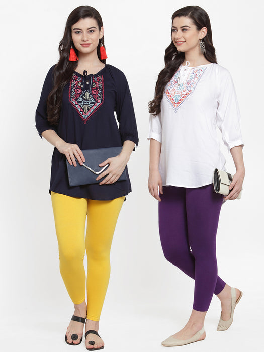 Women Yellow Purple Super Combed Cotton Lycra Legging
