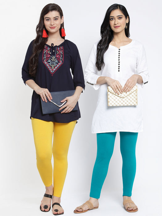 Women Yellow Light Blue Super Combed Cotton Lycra Legging
