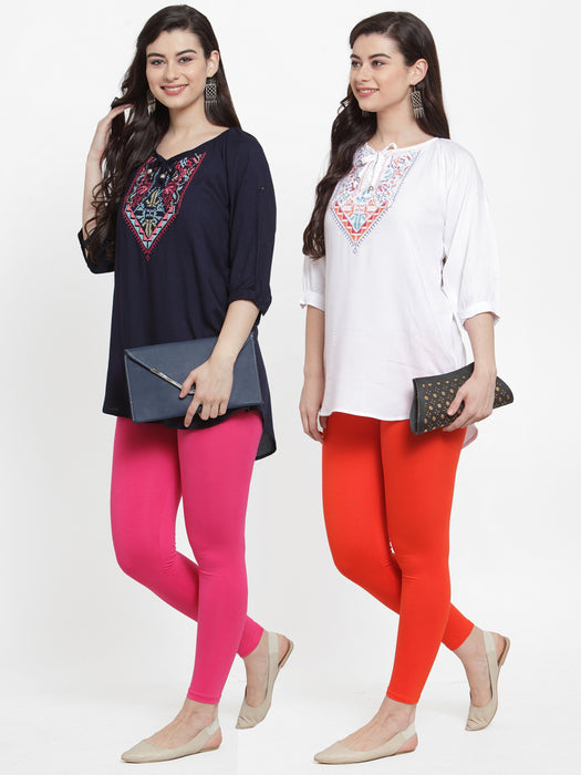 Women Pink Orange Super Combed Cotton Lycra Legging