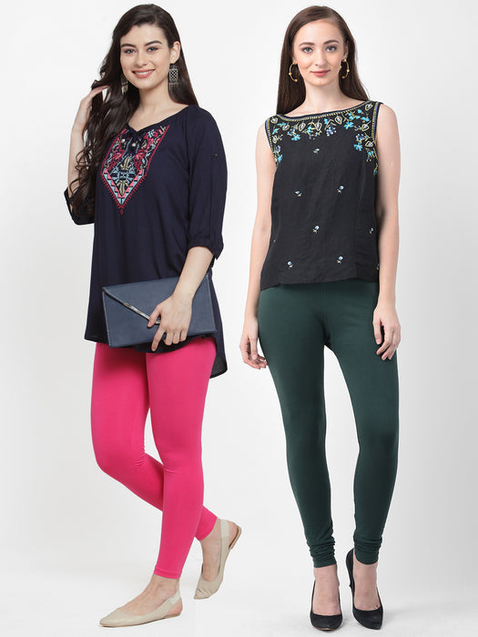 Women Pink Bottle Green Super Combed Cotton Lycra Legging