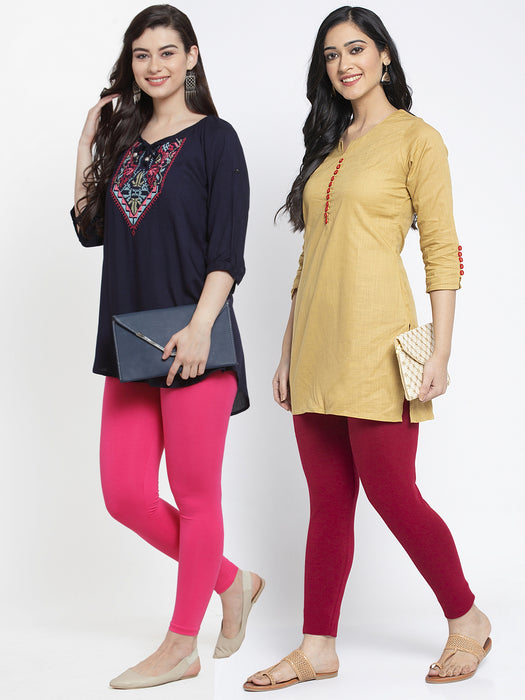 Women Pink Maroon Super Combed Cotton Lycra Legging