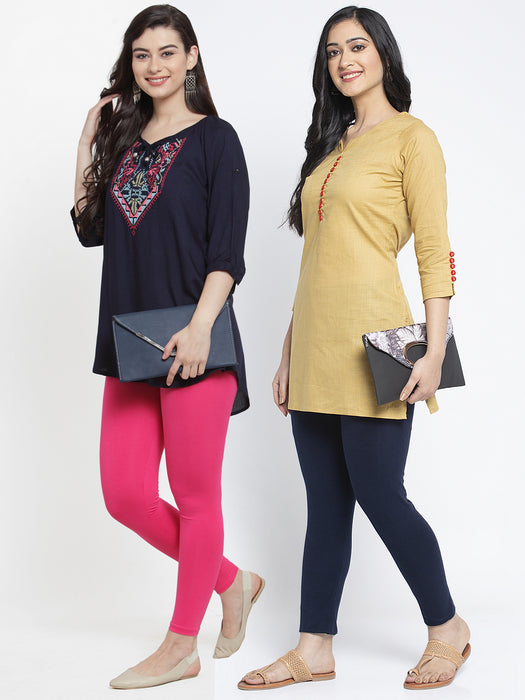 Women Pink Navy Blue Super Combed Cotton Lycra Legging