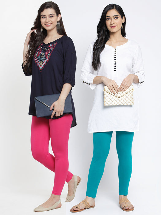 Women Pink Off White Super Combed Cotton Lycra Legging