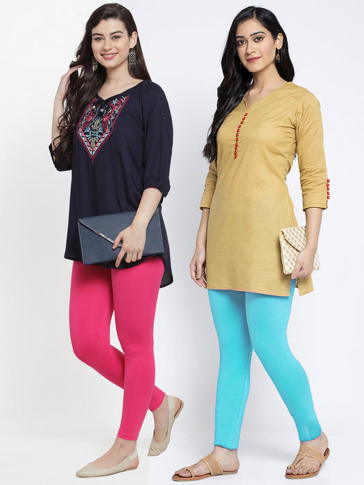 Women Pink Aqua Super Combed Cotton Lycra Legging