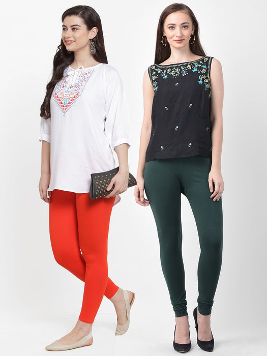 Women Orange Bottle Green Super Combed Cotton Lycra Legging