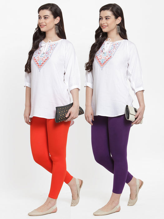 Women Orange Purple Super Combed Cotton Lycra Legging