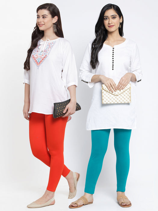 Women Orange Light Blue Super Combed Cotton Lycra Legging