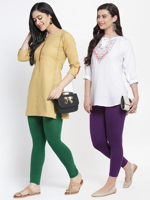 Women Pakistani Green Purple Super Combed Cotton Lycra Legging