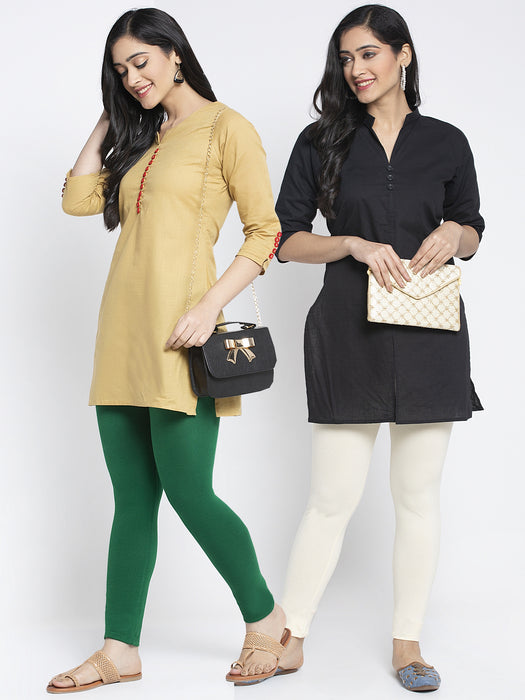 Women Pakistani Green Off White Super Combed Cotton Lycra Legging