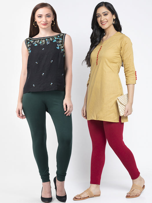 Women Bottle Green Maroon Super Combed Cotton Lycra Legging