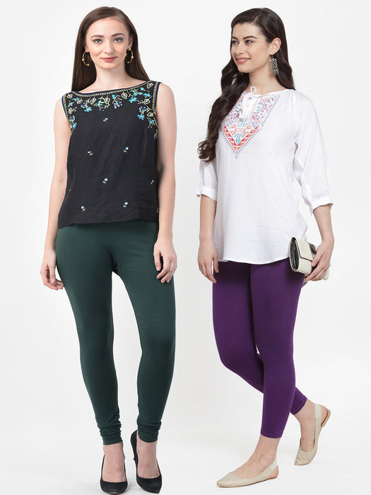 Women Bottle Green Purple Super Combed Cotton Lycra Legging