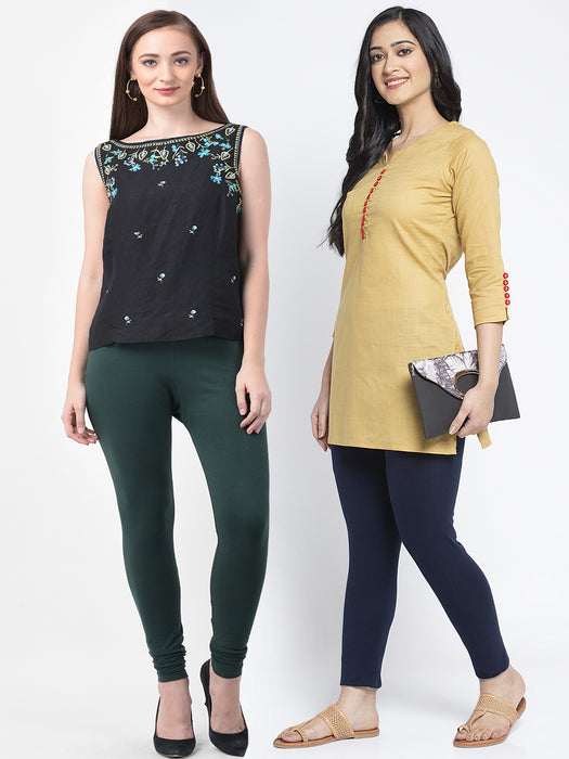 Women Bottle Green Navy Blue Super Combed Cotton Lycra Legging