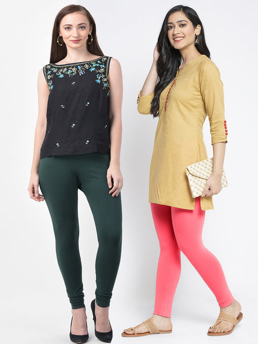 Women Bottle Green Peach Super Combed Cotton Lycra Legging