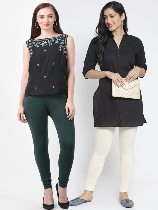 Women Bottle Green Off White Super Combed Cotton Lycra Legging