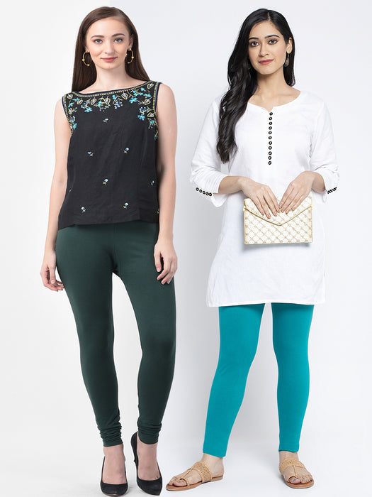 Women Bottle Green Light Blue Super Combed Cotton Lycra Legging