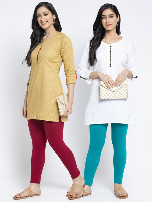 Women Maroon Light Blue Super Combed Cotton Lycra Legging