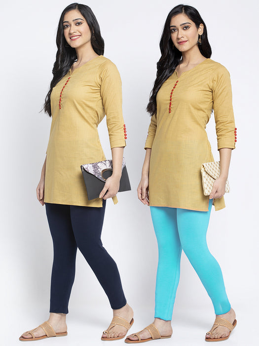 Women Navy Blue Aqua Super Combed Cotton Lycra Legging