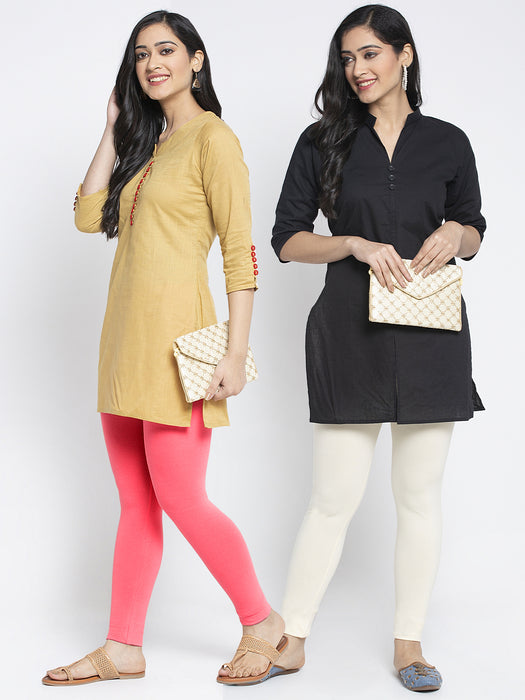 Women Peach Off White Super Combed Cotton Lycra Legging