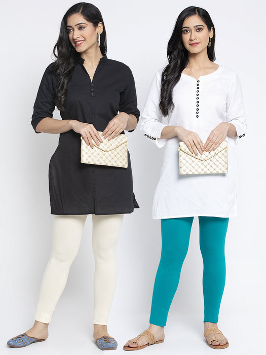 Women Off White Light Blue Super Combed Cotton Lycra Legging