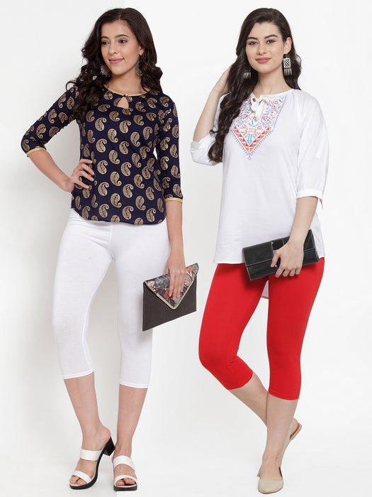 Women White Red Super Combed Cotton Lycra Capri