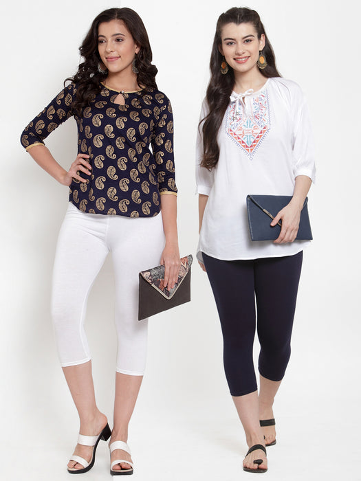 Women White Navy Super Combod Cotton Lycra Capri