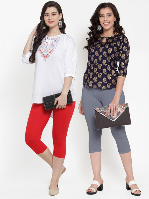 Women Red Grey Super Combod Cotton Lycra Capri