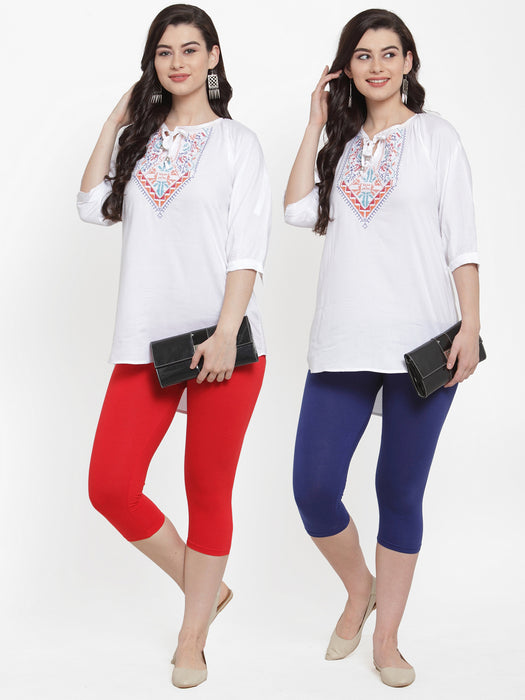 Women Red Blue Super Combod Cotton Lycra Capri