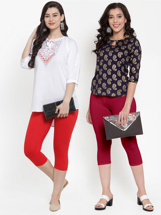 Women Red Maroon Super Combod Cotton Lycra Capri