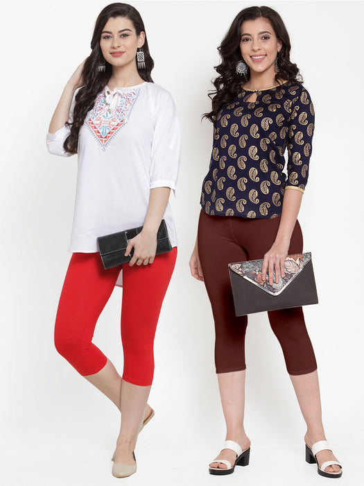 Women Red Brown Super Combod Cotton Lycra Capri
